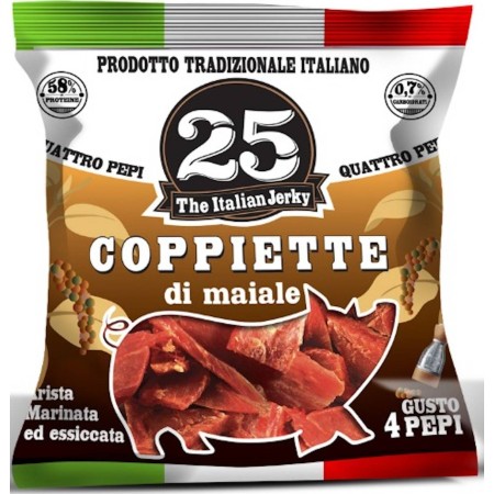 THE ITALIAN JERKY - COPPIETTE DI CARNE SECCA 25 G - ESPOSITORE DA 14 BUSTE - 4 PEPI